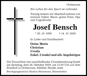 Traueranzeige von Josef Bensch von Hildesheimer Allgemeine Zeitung