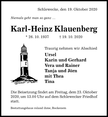 Traueranzeige von Karl-Heinz Klauenberg von Hildesheimer Allgemeine Zeitung