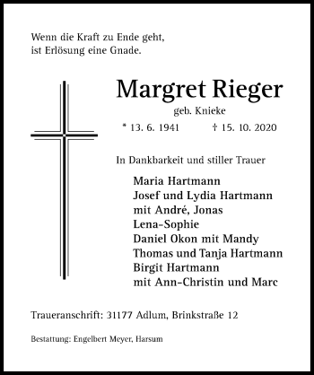 Traueranzeige von Margret Rieger von Hildesheimer Allgemeine Zeitung