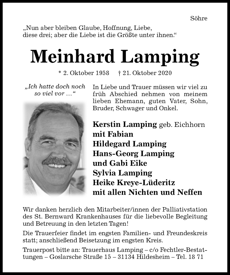  Traueranzeige für Meinhard Lamping vom 24.10.2020 aus Hildesheimer Allgemeine Zeitung