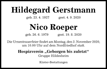Traueranzeige von Nico Roeper von Hildesheimer Allgemeine Zeitung