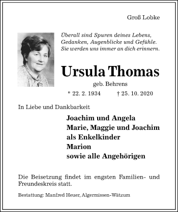 Traueranzeige von Ursula Thomas von Hildesheimer Allgemeine Zeitung