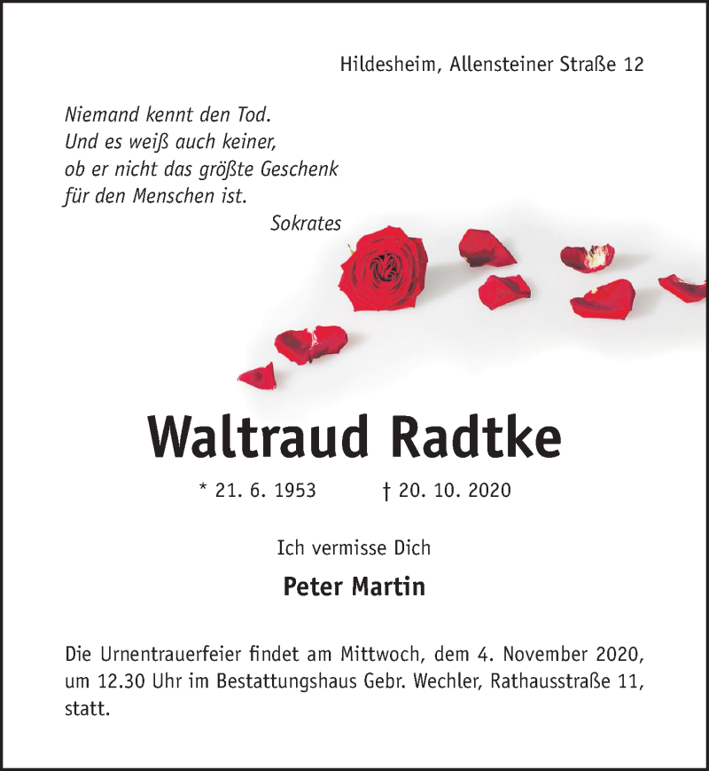  Traueranzeige für Waltraud Radtke vom 24.10.2020 aus Hildesheimer Allgemeine Zeitung