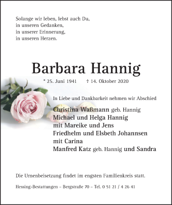 Traueranzeige von Barbara Hannig von Hildesheimer Allgemeine Zeitung