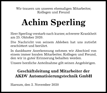 Traueranzeige von Achim Sperling von Hildesheimer Allgemeine Zeitung