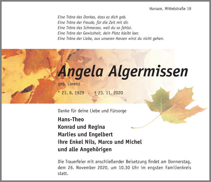 Traueranzeige für Angela Algermissen vom 24.11.2020 aus Hildesheimer Allgemeine Zeitung