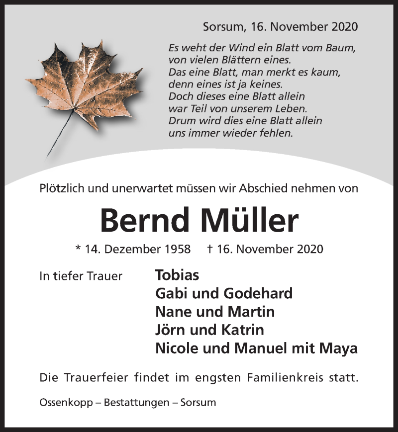  Traueranzeige für Bernd Müller vom 19.11.2020 aus Hildesheimer Allgemeine Zeitung