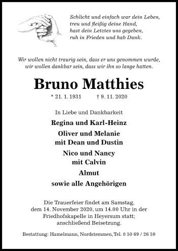 Traueranzeige von Bruno Matthies von Hildesheimer Allgemeine Zeitung