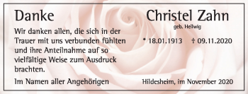 Traueranzeige von Christel Zahn von Hildesheimer Allgemeine Zeitung