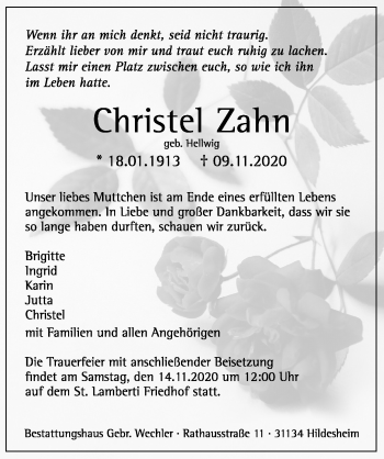 Traueranzeige von Christel Zahn von Hildesheimer Allgemeine Zeitung