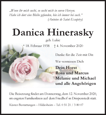 Traueranzeige von Danica Hinerasky von Hildesheimer Allgemeine Zeitung