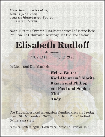 Traueranzeige von Elisabeth Rudloff von Hildesheimer Allgemeine Zeitung