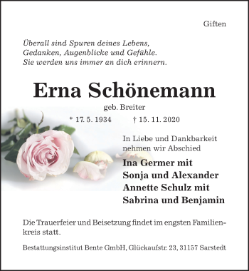 Traueranzeige von Erna Schönemann von Hildesheimer Allgemeine Zeitung