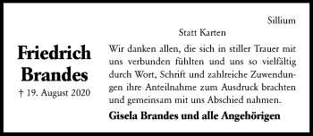 Traueranzeige von Friedrich Brandes von Hildesheimer Allgemeine Zeitung