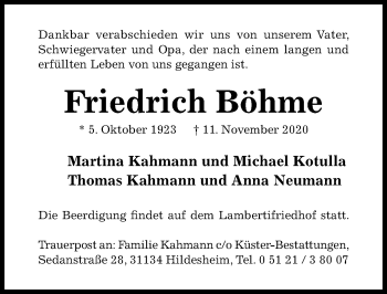 Traueranzeige von Friedrich Böhme von Hildesheimer Allgemeine Zeitung