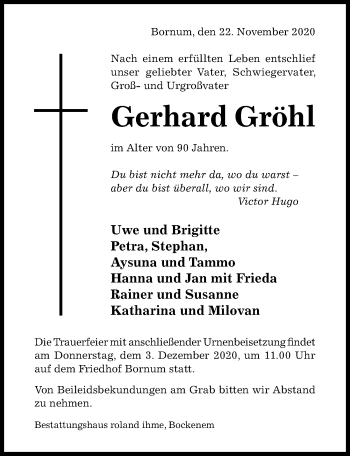 Traueranzeige von Gerhard Gröhl von Hildesheimer Allgemeine Zeitung