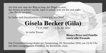 Traueranzeige von Gisela Becker von Hildesheimer Allgemeine Zeitung