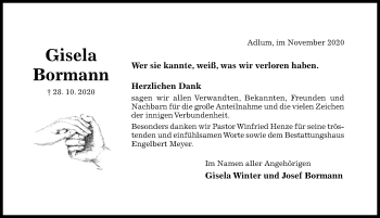 Traueranzeige von Gisela Bormann von Hildesheimer Allgemeine Zeitung