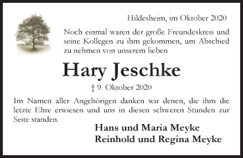 Traueranzeige von Hary Jeschke von Hildesheimer Allgemeine Zeitung