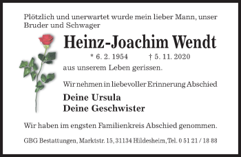 Traueranzeige von Heinz-Joachim Wendt von Hildesheimer Allgemeine Zeitung