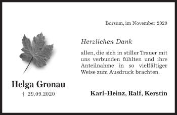 Traueranzeige von Helga Gronau von Hildesheimer Allgemeine Zeitung