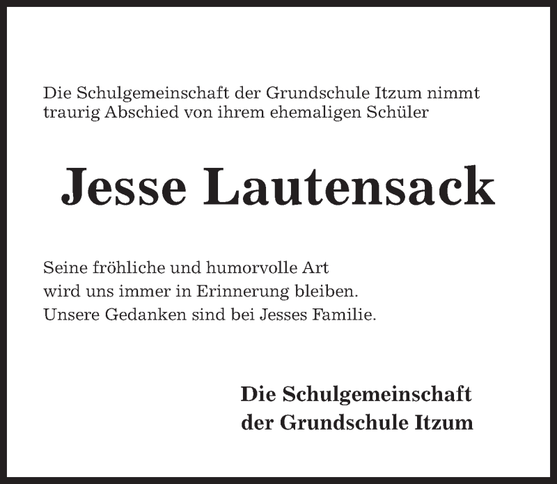  Traueranzeige für Jesse Lautensack vom 26.11.2020 aus Hildesheimer Allgemeine Zeitung