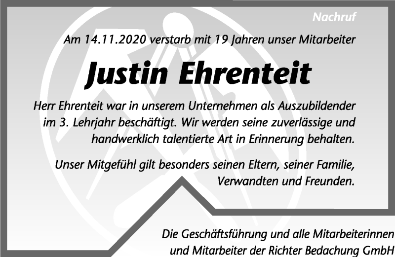  Traueranzeige für Justin Ehrenteit vom 21.11.2020 aus Hildesheimer Allgemeine Zeitung