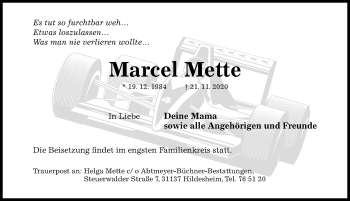 Traueranzeige von Marcel Mette von Hildesheimer Allgemeine Zeitung