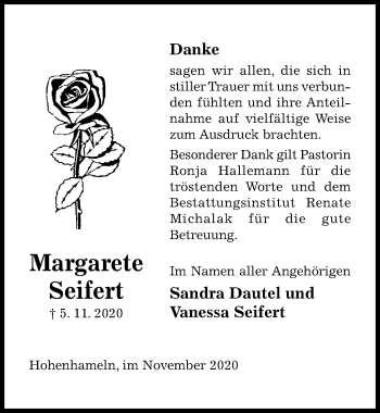 Traueranzeige von Margarete Seifert von Hildesheimer Allgemeine Zeitung