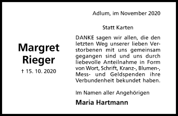 Traueranzeige von Margret Rieger von Hildesheimer Allgemeine Zeitung