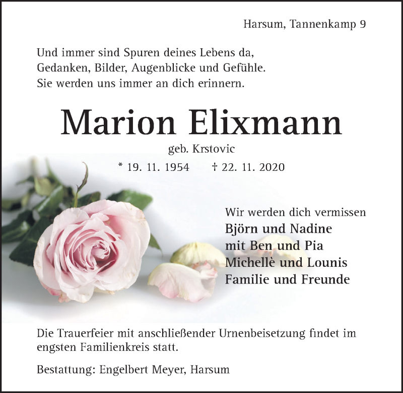  Traueranzeige für Marion Elixmann vom 25.11.2020 aus Hildesheimer Allgemeine Zeitung