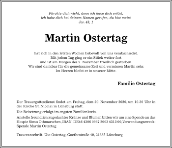 Traueranzeige von Martin Ostertag von Hildesheimer Allgemeine Zeitung