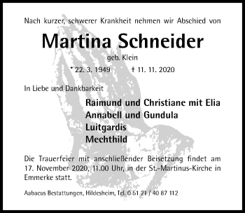 Traueranzeige von Martina Schneider von Hildesheimer Allgemeine Zeitung