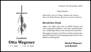 Traueranzeige von Otto Wegener von Hildesheimer Allgemeine Zeitung