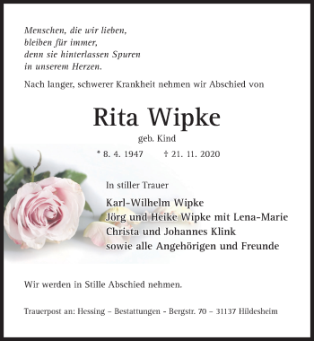 Traueranzeige von Rita Wipke von Hildesheimer Allgemeine Zeitung