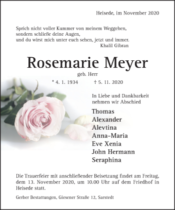 Traueranzeige von Rosemarie Meyer von Hildesheimer Allgemeine Zeitung