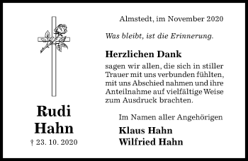 Traueranzeige von Rudi Hahn von Hildesheimer Allgemeine Zeitung