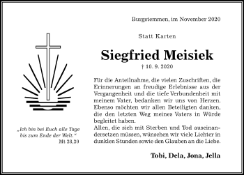 Traueranzeige von Siegfried Meisiek von Hildesheimer Allgemeine Zeitung