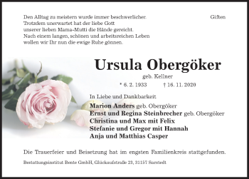 Traueranzeige von Ursula Obergöker von Hildesheimer Allgemeine Zeitung