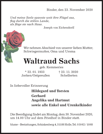 Traueranzeige von Waltraud Sachs von Hildesheimer Allgemeine Zeitung