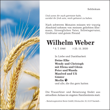 Traueranzeige von Wilhelm Weber von Hildesheimer Allgemeine Zeitung