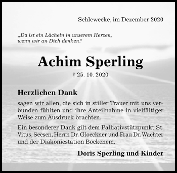 Traueranzeige von Achim Sperling von Hildesheimer Allgemeine Zeitung