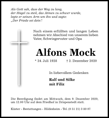 Traueranzeige von Alfons Mock von Hildesheimer Allgemeine Zeitung