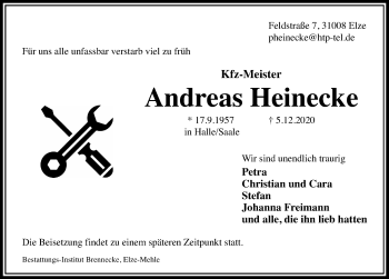 Traueranzeige von Andreas Heinecke von Hildesheimer Allgemeine Zeitung