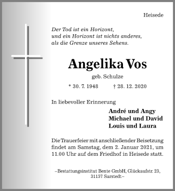 Traueranzeige von Angelika Vos von Hildesheimer Allgemeine Zeitung