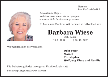 Traueranzeige von Barbara Wiese von Hildesheimer Allgemeine Zeitung