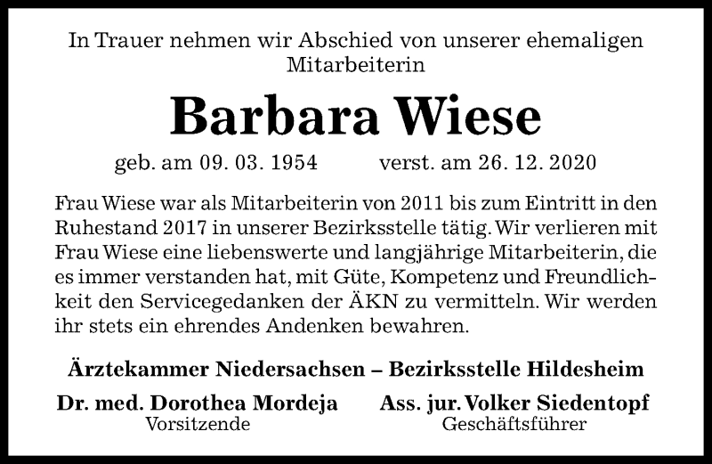  Traueranzeige für Barbara Wiese vom 30.12.2020 aus Hildesheimer Allgemeine Zeitung