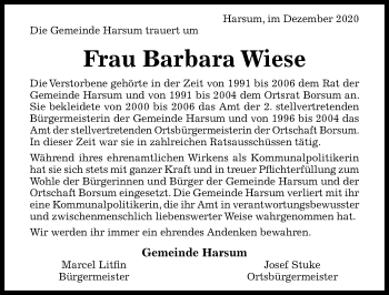 Traueranzeige von Barbara Wiese von Hildesheimer Allgemeine Zeitung