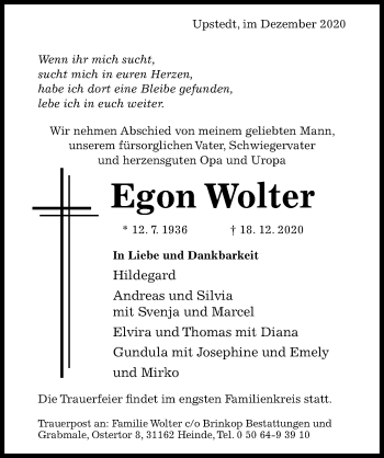 Traueranzeige von Egon Wolter von Hildesheimer Allgemeine Zeitung