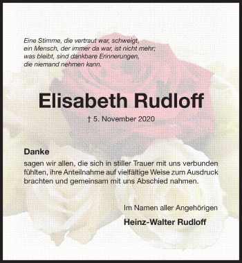 Traueranzeige von Elisabeth Rudloff von Hildesheimer Allgemeine Zeitung